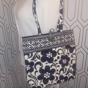 Genuine Large Vera Bradley Floral Tote Bag in Black and White